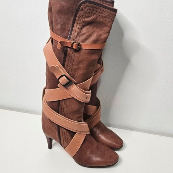 CHLOE Brown Leather Knee High Tall Boots Sz 9 / 40 EUR Wrap Around Straps Y2K - Picture 2 of 11